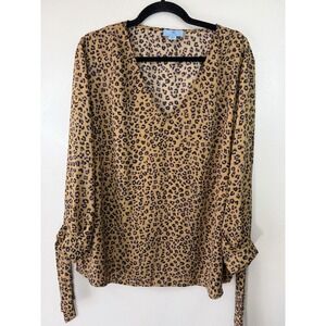 CeCe Plus Size Long Sleeved V Neck Cheetah Print Blouse Tie Cuffs Size 2X